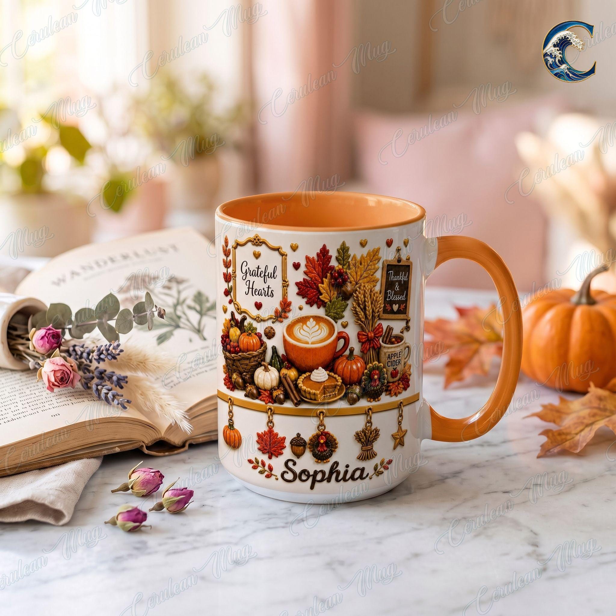 Personalized Grateful Hearts Mug, Thanksgiving Coffee Mug, Thankful Blessed Autumn Mug, Fall Season Mug, Gratitude Holiday Gift