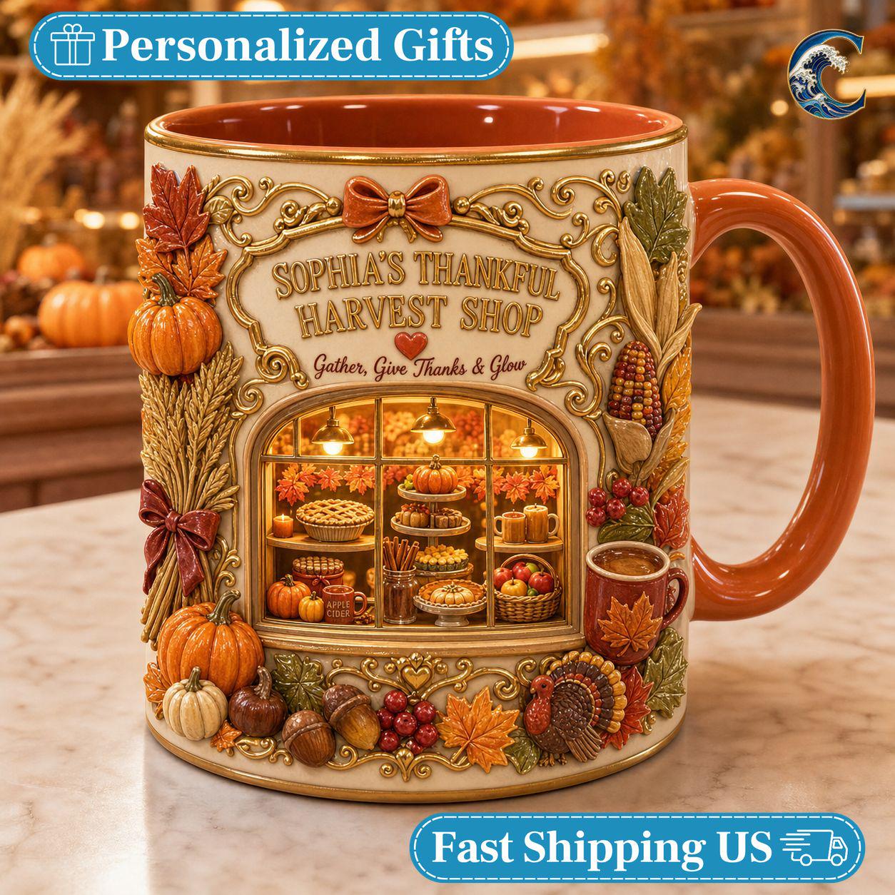 Personalize Harvest Shop Thanksgiving Mug, Thanksgiving Pies Coffee Mug, Fall Bakery Mug, Autumn Farmstand Mug, Gather Give Thanks Gift