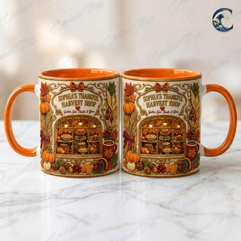 Personalize Harvest Shop Thanksgiving Mug, Thanksgiving Pies Coffee Mug, Fall Bakery Mug, Autumn Farmstand Mug, Gather Give Thanks Gift