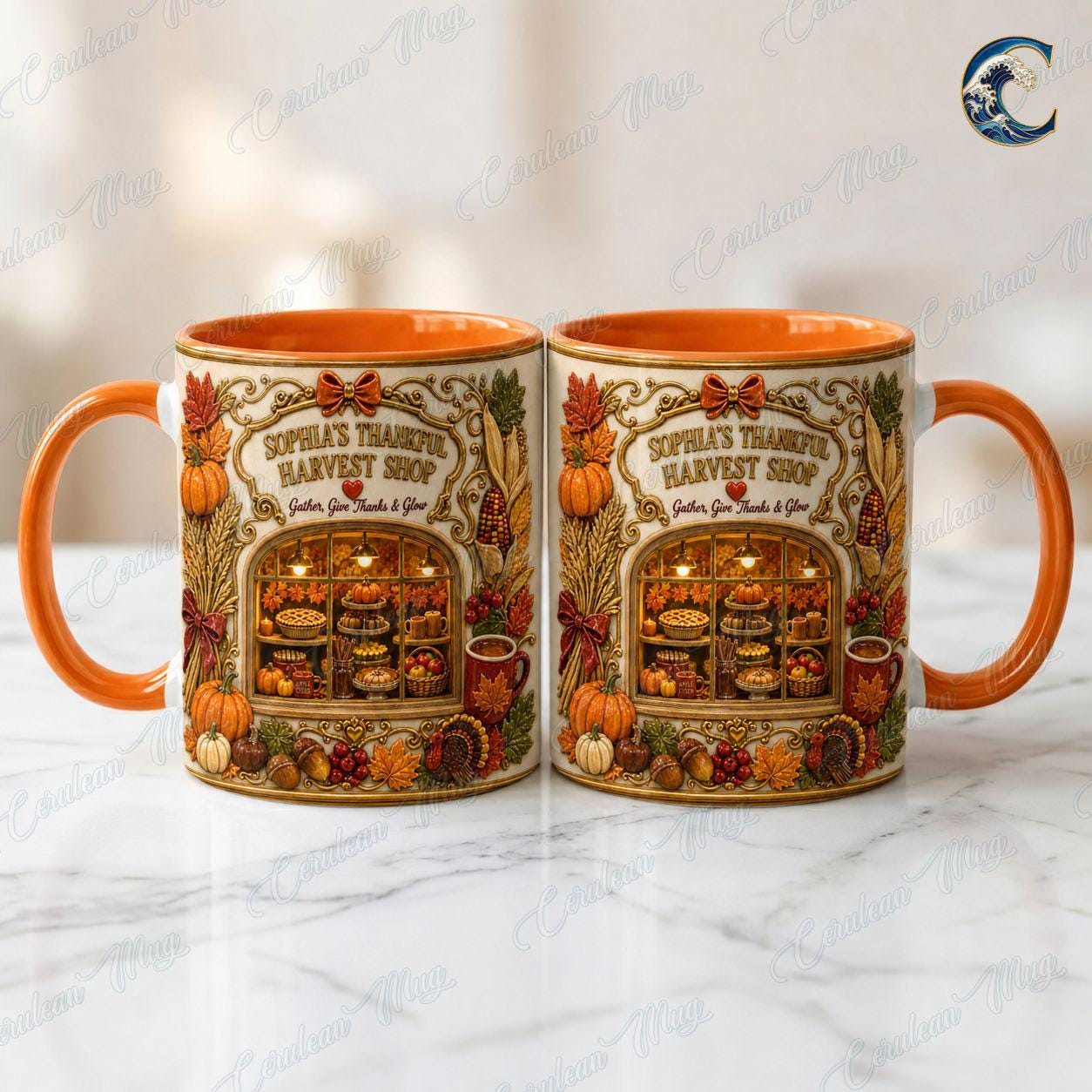 Personalize Harvest Shop Thanksgiving Mug, Thanksgiving Pies Coffee Mug, Fall Bakery Mug, Autumn Farmstand Mug, Gather Give Thanks Gift