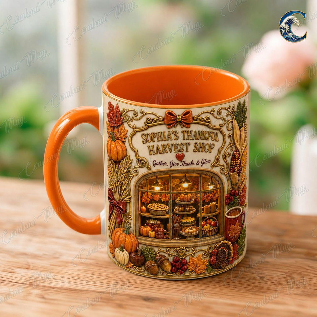 Personalize Harvest Shop Thanksgiving Mug, Thanksgiving Pies Coffee Mug, Fall Bakery Mug, Autumn Farmstand Mug, Gather Give Thanks Gift