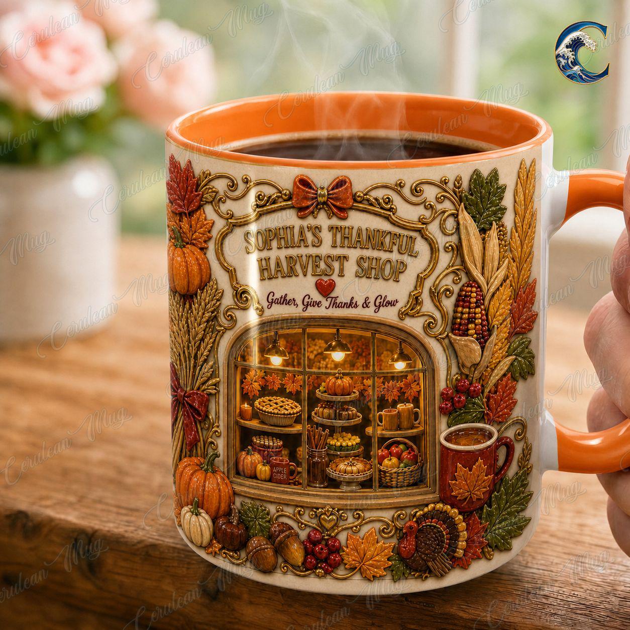 Personalize Harvest Shop Thanksgiving Mug, Thanksgiving Pies Coffee Mug, Fall Bakery Mug, Autumn Farmstand Mug, Gather Give Thanks Gift